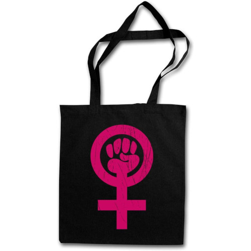 Bossa de tela negra amb símbol feminista morat