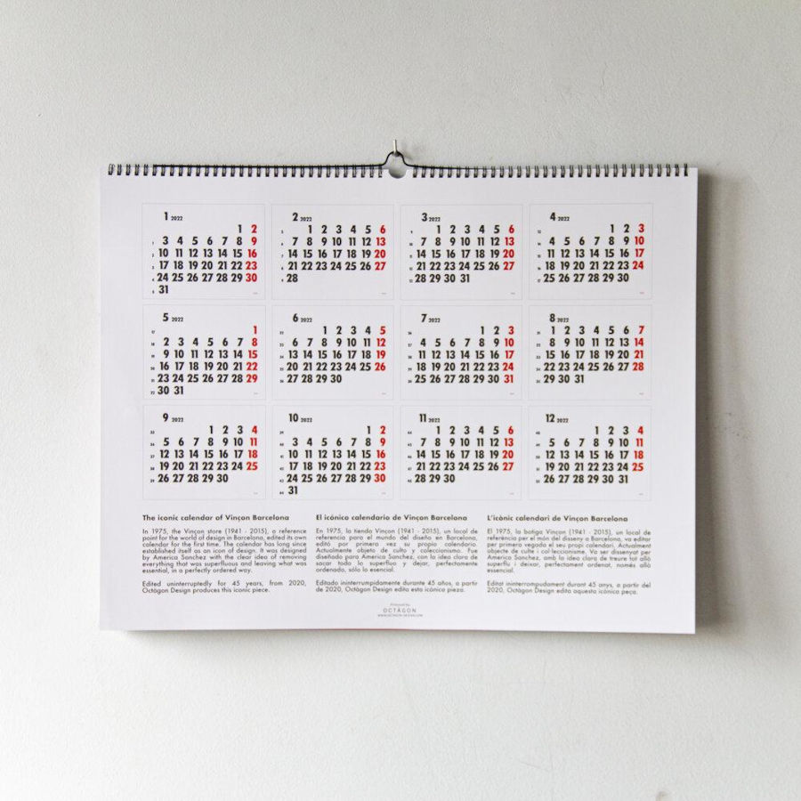 Full del calendari Vinçon amb tot l'any 2022