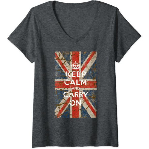 Samarreta de dona amb coll en V "Keep Calm and Carry On" sobre bandera vintage