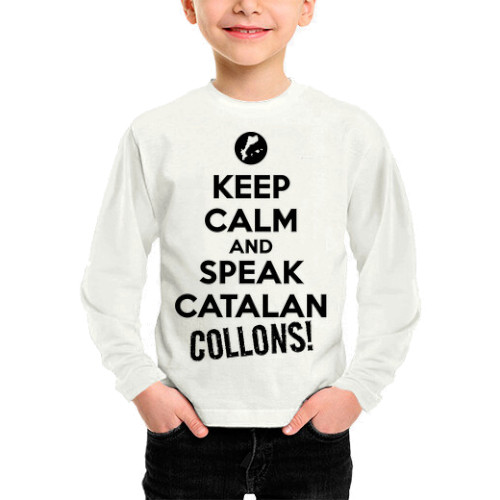 Samarreta de màniga llarga per a nens i nenes "Keep Calm and Speak Catalan, Collons!" amb lletres negre