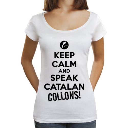 Samarreta amb coll ample per a dona "Keep Calm and Speak Catalan, Collons!" amb lletres negres