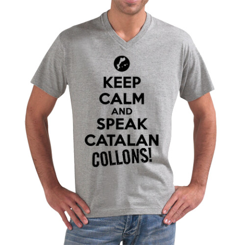 Samarreta d'home amb coll en V "Keep Calm and Speak Catalan, Collons!" amb lletres negres