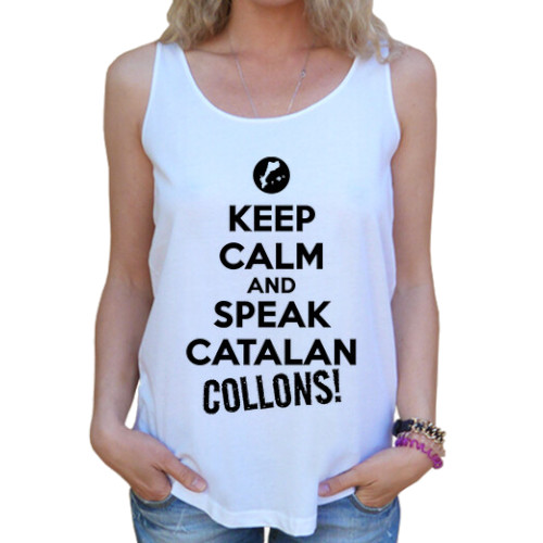 Samarreta ampla sense mànigues per a dona "Keep Calm and Speak Catalan, Collons!" amb lletres negres